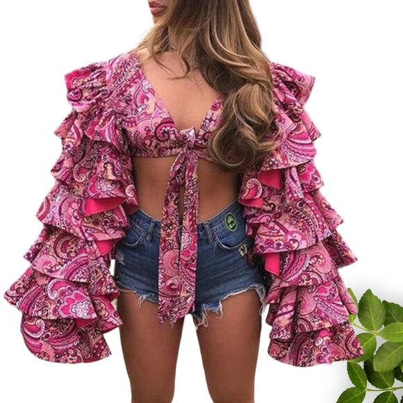 Pink V-Neck Collar Blouse with‎ Butterfly Ruffle Sleeves - Picture 1 of 4